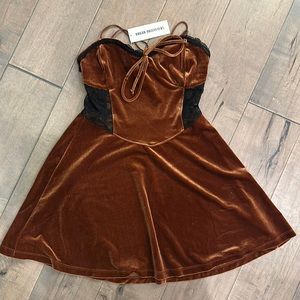 Urban Outfitters Brown Velvet Babydoll Dress with Lace